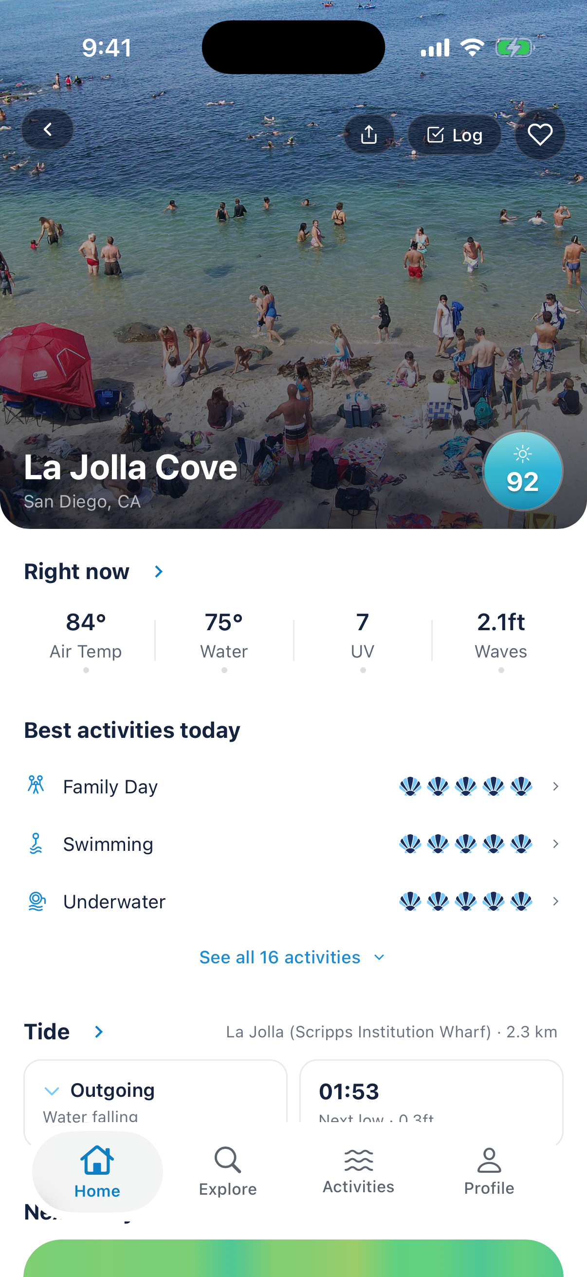 Swell beach detail — condition tiles and activity breakdown