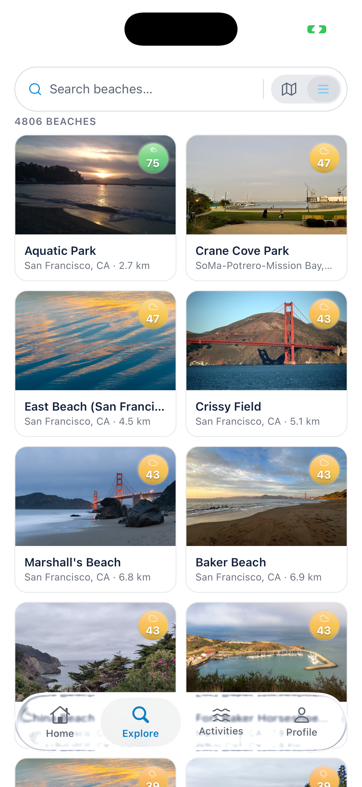 Explore screen — thousands of rated beaches