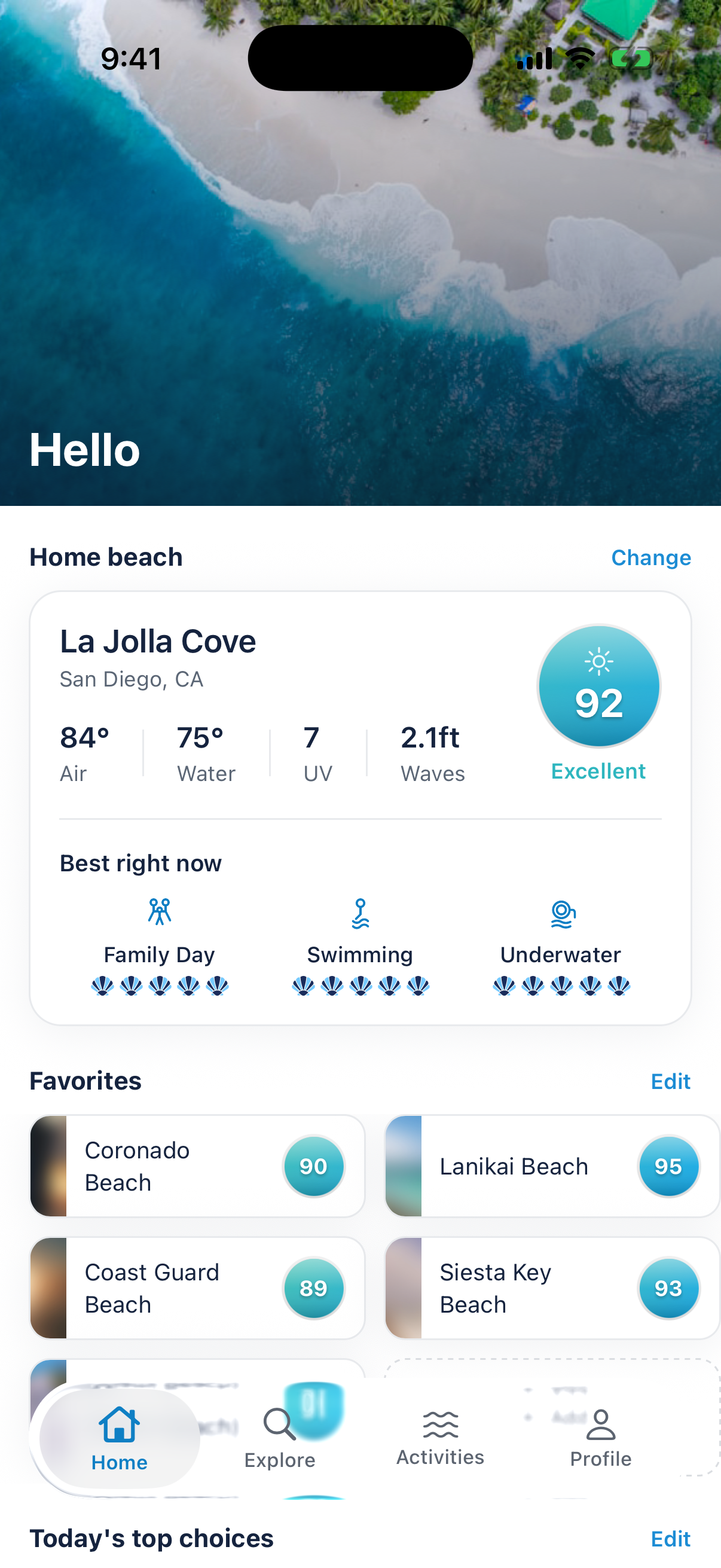 Swell home screen — home beach and favorites with Beach Score badges