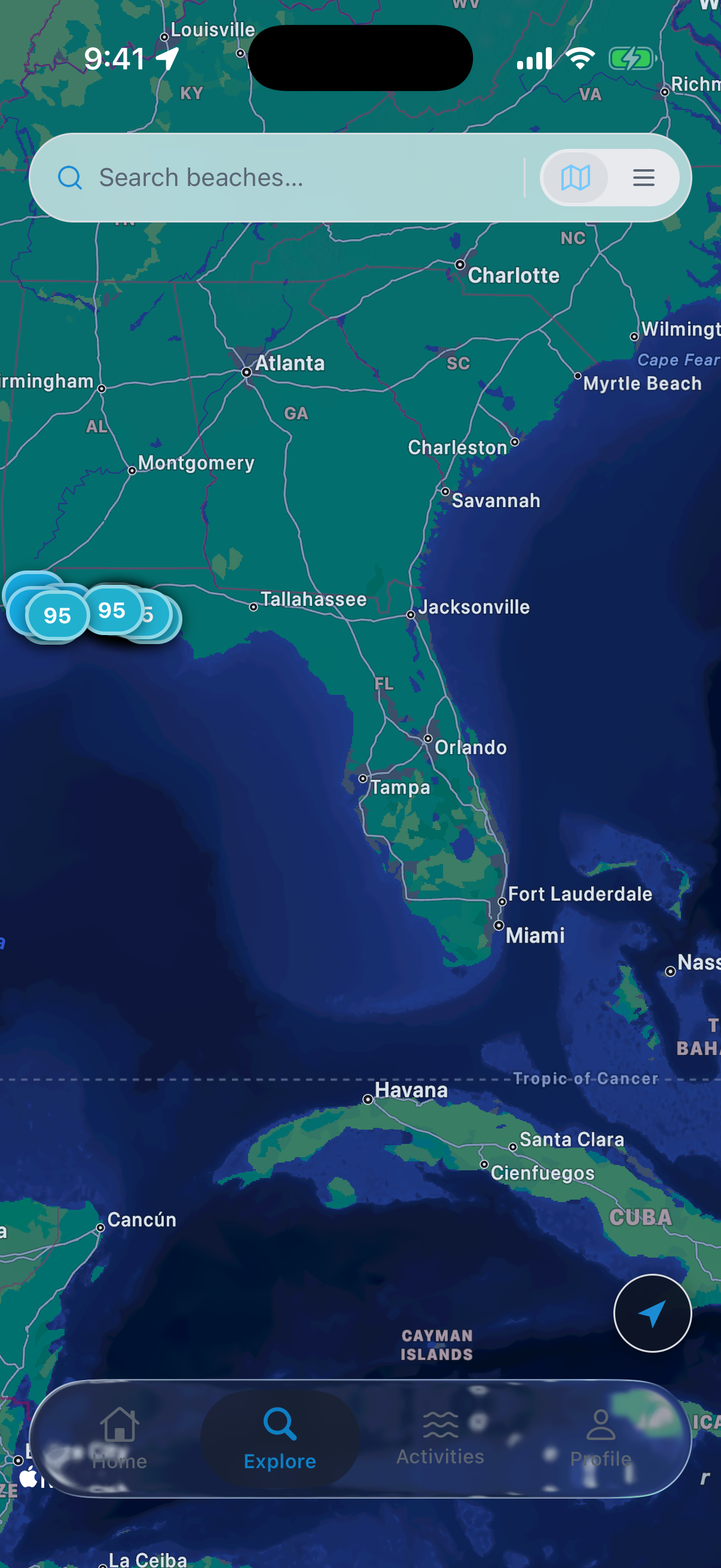 Map view — live Beach Score markers across the coast