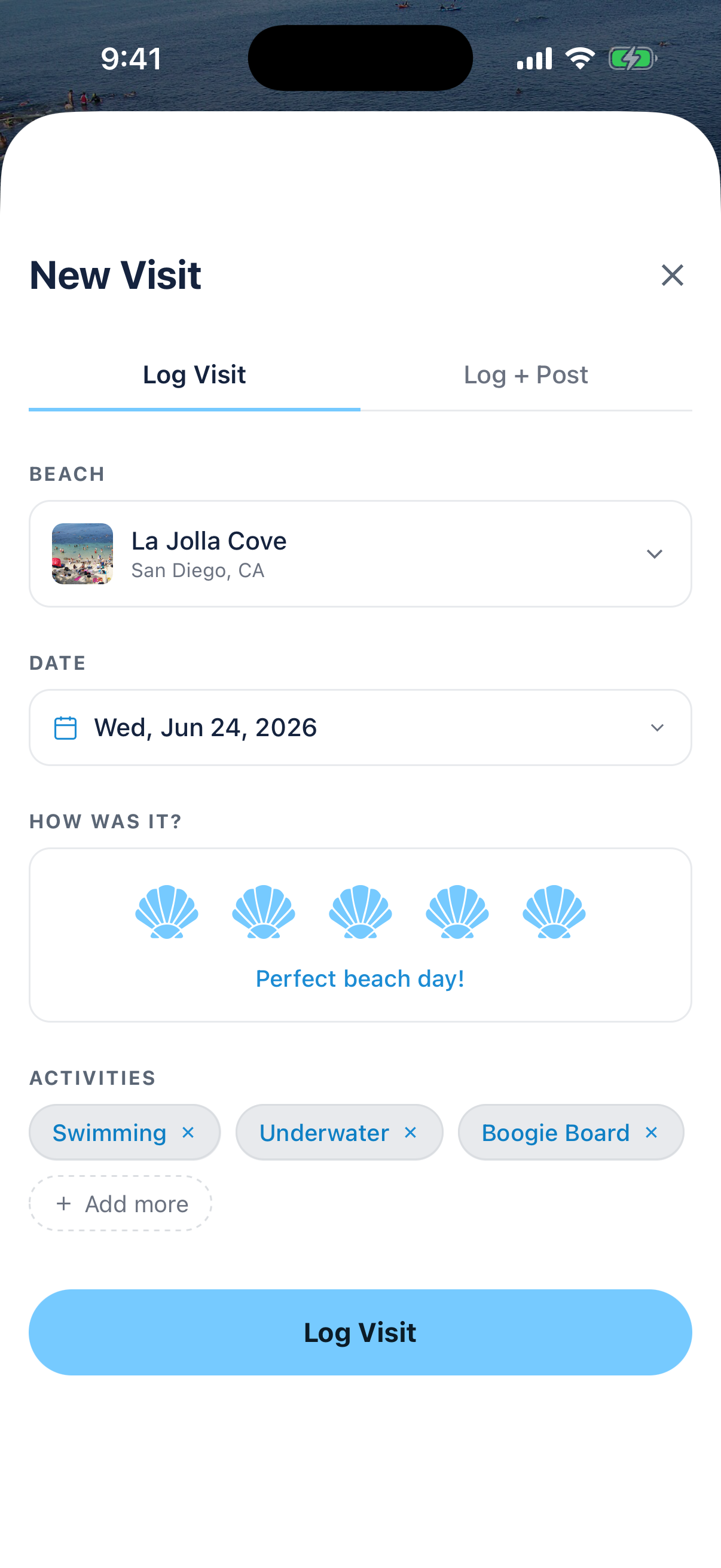 Visit log — rate your beach day with activities and shells